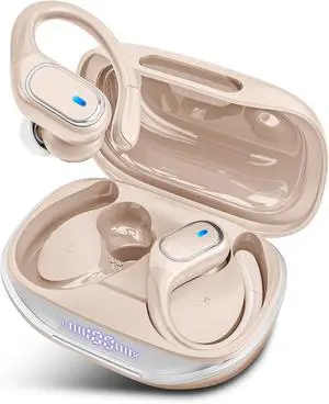 Wireless Earbuds Bluetooth 5.3 Headphones with 80H Playback, IPX7 Waterproof Over Ear Buds with LED Power Display for Sports Running Workouts (Khaki)
