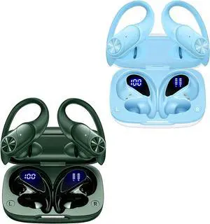 2 Sets Bluetooth Headphones Wireless Earbuds 80hrs Playtime Wireless Charging Case Sports Ear buds with Earhook Premium Deep Bass IPX7 Waterproof Over-Ear Earphones for TV Phone Laptop Olive and Blue