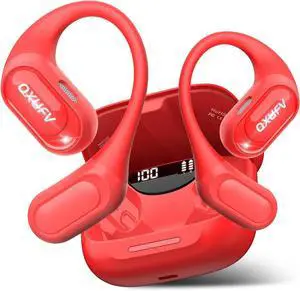 Open Ear Headphones, Bluetooth 5.4 Headphones Sports, Premium Sound with HD Mic Wireless Earbuds, 48H Playtime LED Power Display Ear Buds, IPX7 Lightweight Comfort Earphones for Running, Working, Red