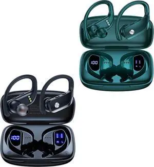 bmani 2 Sets Wireless Earbuds Bluetooth Headphones 48hrs Play Back Sport Earphones with LED Display Over-Ear Buds with Earhooks Built-in Mic Headset for Workout Black + Green