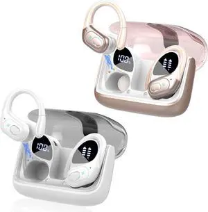 2 Sets Wireless Earbuds Sport, Bluetooth 5.4 Over Ear Buds Stereo Deep Bass Over Ear Bud with Earhooks, 75H Wireless Earphones with Mic, IPX7 Waterproof Earphone for Sports Rose Gold+White