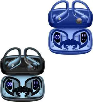 bmani 2 Sets Wireless Earbuds Bluetooth Headphones 48hrs Play Back Sport Earphones with LED Display Over-Ear Buds with Earhooks Built-in Mic Headset for Workout Black + Blue