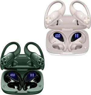 2 Sets Bluetooth Headphones Wireless Earbuds 80hrs Playtime Wireless Charging Case Sports Ear buds with Earhook Premium Deep Bass IPX7 Waterproof Over-Ear Earphones for TV Phone Laptop Olive and White