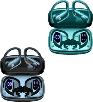 bmani 2 Sets Wireless Earbuds Bluetooth Headphones 48hrs Play Back Sport Earphones with LED Display Over-Ear Buds with Earhooks Built-in Mic Headset for Workout Black + Green