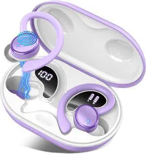 Wireless Earbuds, Bluetooth 5.4 Headphones Sport, 50H Deep Bass Sound Over Ear buds with 4 ENC Noise Cancelling Mic, Dual LED Display, IP7 Waterproof Earphones with Earhook Workout Running, Purple