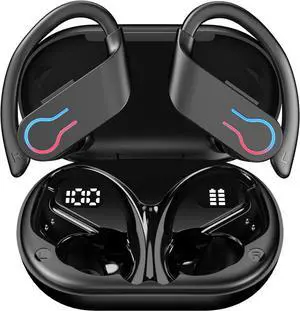 Bluetooth Headphones Wireless Earbuds 20Hrs Playback in Ear Buds Power Display with ENC Noise Canceling Mic, Last Long,Over-Ear Stereo Bass Earphones with Earhooks for Sports/Workout/Running