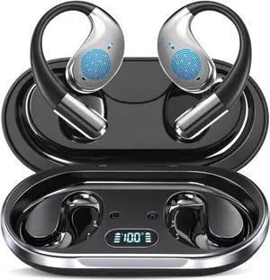 Ultra Ergonomic Open Ear Earbuds, Bone Conduction Over The Bluetooth Headphones Built-in Mic, Waterproof Design, LED Digital Display, Touch Control Operate, Fit Cycling Running Workout Sport, Black