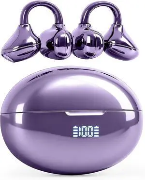 Pearl Clip Ear Open Earbuds, Bluetooth 5.4 Headphones, IPX7 Waterproof Headsets, Clip on Earphones with Microphone, Suitable for Small Ears, Sports and Running, Exercise(Purple)