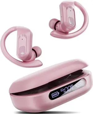 Noise Cancelling Ear Buds Wireless Earbuds Bluetooth Headphones 96Hrs Playback LED Display Over-Ear Waterproof Earphones with Earhooks Mics Clear Call for Sport Running Workout Pink