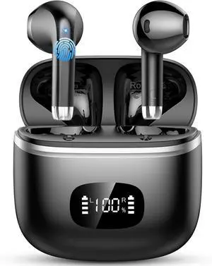 Wireless Earbuds, Bluetooth 5.4 Headphones with ENC Noise Cancelling Mic, IPX7 Waterproof Earbuds with 58H Playtime, LED Display, HiFi Stereo Sports Ear Buds for Laptop, Pad, Android, iOS, Black