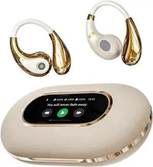 Touch Screen Open Ear Headphones Bluetooth 5.4, ENC Noise Cancelling Earbuds Wireless with 25H Battery, 360° Spatial Audio | Universal Compatibility Sport Headphones with Full-Color Display (Beige)