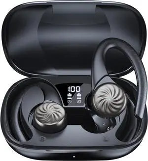 Over Ear Earbuds IPX7 Waterproof Running Headphones Ear Hanging Design 50H Long Battery Life HiFi Stereo Fast Charging Automatic Pairing Earphone Comfortable for Gym& Sports, Black