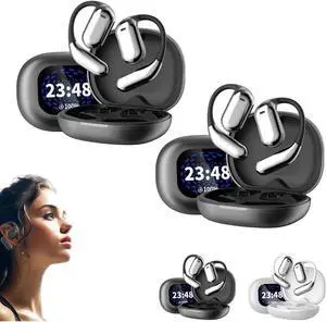 Xlorehinory Open Ear Earbuds, True Powerful Bluetooth 5.4 Open Ear Earbuds, Ipx5 Waterproof, LED Display Ear Buds, for Running, Sport (2pcs-Black)