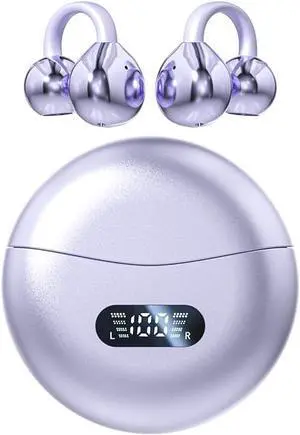 AEDNX Open Ear Clip Wireless Earbuds Bluetooth 5.3, Sports Earphones Built-in Microphone with Earhooks & Ear Hook, Wireless Charging Case & Display, Waterproof Fitness Headphones for Running