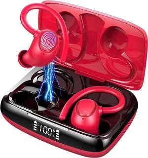 Wireless Earbud, Bluetooth 5.1 Sport Headphones with IP7 Waterproof, 50H Playtime Bluetooth Earbud Noise Cancelling with Hi-Fi Stereo and Built-in Mic,Running Earphones with Earhooks for Workout Red