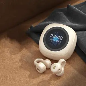 Wireless Earbuds Bone Conduction Headphones Open Ear Buds Bluetooth 5.4 LED Full-Color Touch Screen Hi-Fi Al Call Noise Reduction Wireless Earphones for Running Sports Cycling Driving,White