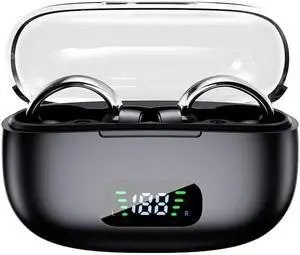 Open Ear Clip On Earbuds Wireless Bluetooth Headphones,360° Stereo Sound 48H Playtime Charging Case LED Display,Ultra Lightweight for Comfortable Clip On,Open Ear Headset for Workout,Meeting,Black