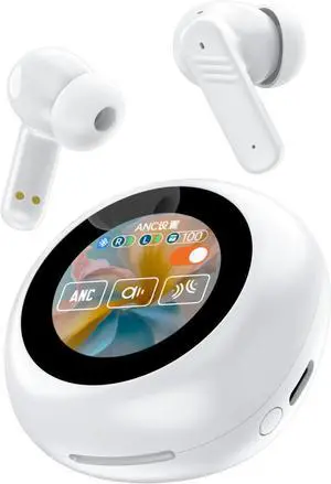 Ear Buds Wireless Bluetooth Earbuds Sports Headphones,ANC+ENC Noise-Canceling Stereo High Fidelity Sound and Long Battery Life,Mics Clear Call with LCD Full-Color Touch Screen for Gym/Running,White