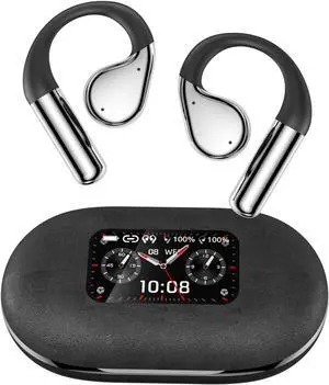 Open Ear Headphones Wireless Bluetooth 5.4 Wireless Sports Earbuds with Ear Hooks,CVC Call Noise Cancellation,LCD Full-Color Touch Screen,IPX5 Waterproof for Sports,Driving,Office,Black