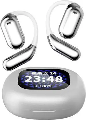 Bluetooth 5.4 Headset Open Ear Headphones Sports Earphones Built-in Mic,10H Single Use,LCD Full-Color Touch Screen,Hi-Fi Audio,Bluetooth Earphones for Running,Sports,Cycling,Driving,White