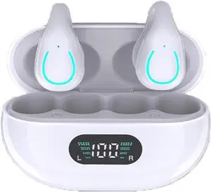 Clip-Ear Bone Conduction Headphones Wireless Bluetooth 5.3 Open-Ear-Headset with Noise Reduction Call, IPX5 Waterproof Earphones for Workout Driving Walking, White