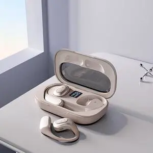 Open-Ear Wireless Bluetooth 5.3 Headphones with Microphone,IPX7 Waterproof Sport Earphones Sweat Resistant,Single 8-Hour Playback Time,Compatible with iPhone & Android,Beige