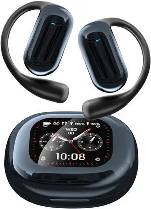 Open Ear Headphones Wireless Bluetooth 5.4 with LCD Color Display Wireless Sports Earbuds with Earhooks,ENC Call Noise Cancellation, IPX5 Waterproof for Sports,10H Playtime Fit Driving,Office,Black