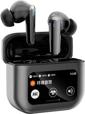 Wireless Earbud Buds with LCD Touch Screen- True Noise Cancelling Earphones - Built-in Microphone, IPX5 Rating Waterproof and sweatproof Headset, Sports Headphones Bluetooth 5.4 - Black