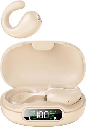 Wireless Ear Clip Headphones Bluetooth 5.3,Ultra Lightweight for Comfortable Clip On,CVC 8.0 HD Talk Noise Cancellation & Smart Touch,24H Playtime,Open Ear Earbuds for Workout,Driving,Meeting-Beige