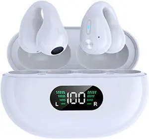 Open Clip Earbuds Wireless Bluetooth Open Ear Headphones,24H Playtime Charging Case LED Display,Ultra Lightweight for Comfortable Clip On,Open Ear Earbuds for Workout,Driving,Meeting,White