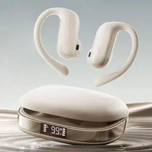 Wireless Earbuds with Earhooks Bluetooth V5.4 Headphones with LED Power Display,Built-in ENC Noise Cancelling Mic,Deep Bass Stereo and Noise Cancelling Earphones for Running Workout,White