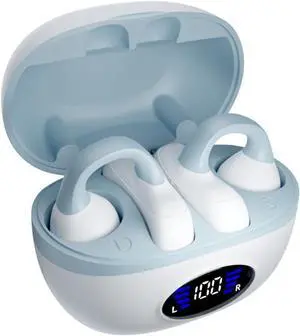 Clip On Earbud Open Ear Headphones Bluetooth 5.3 Wireless Earphones with Power Display Charging Case,48 Hours Playtime & Mic Clear Call,IPX7 Waterproof Sports Fitness Earbuds for Running-White