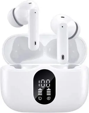 Wireless Earbuds Bluetooth Headphones with LED Power Display,Built-in ENC Noise Cancelling Mic,Deep Bass Stereo and Noise Cancelling Bluetooth Ear Buds for Phone Laptop Running Workout,White