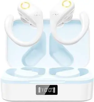 Bluetooth Headphones Wireless Earbuds with Earhooks 60Hrs Playback Ear Buds Power Display with ENC Noise Canceling Mic Over-Ear Stereo Bass Earphones for Sports/Workout/Running, White