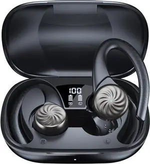 Wireless Earbuds Bluetooth Sports Earhooks Headphones in Ear Buds 50H Playback IPX7 Waterproof Sports Earphones Deep Bass with LED Power Display Earhooks Headset for Running,Black