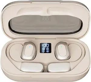 Open Ear Headphones Wireless Bluetooth 5.3 for Snug Fit, Ergonomic Ear Hook,25 Hours Playtime,Fast Charging,Sweat Resistant,Sport Earphones with Digital Display Charging Case for Workout,Beige