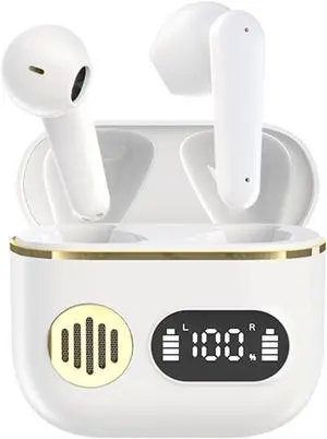 Bluetooth Headphones Wireless Earbuds Built-in Microphone for Immersive Quality Sound with Charging Case,HD Voice Conversation Mode,48H Playtime LED Power Display for Workout Running,White