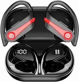 Open-Ear True Wireless Bluetooth 5.1 Headphones with Microphone,IPX7 Waterproof Sweatproof Sport Earphones Sweat Resistant,Fast Charging,Compatible for TV Phone Workout Running,Red