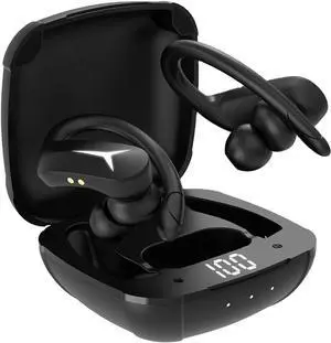 Wireless Headphones Bluetooth 5.3 Earbuds, in-Ear Wireless Headset with Microphone, IPX5 Waterproof with Earhooks Power Display Charging Case for Workout Driving Walking Black