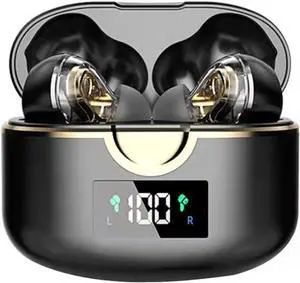 Bluetooth Headphones Earbuds Wireless Bluetooth 5.1 Digital Display Waterproof in-Ear, Dual Dynamic Quad-Speaker Bluetooth Headset Sweatproof Earbuds for Smart Phone, Sports, Black