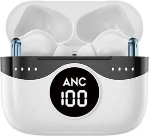 Bluetooth Headset Wireless Earbuds Noise Cancelling IPX5 Waterproof in-Ear Headphones with Microphone and Charging Case, LED Power Display for Gaming Travel, White