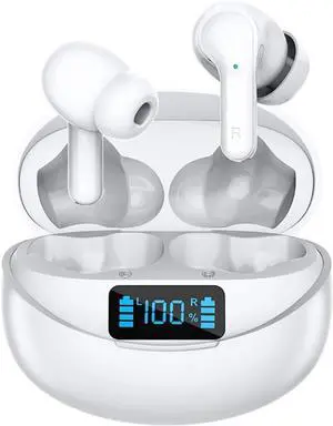 Bluetooth Headphones in-Ear Wireless Earbuds Stereo Low Latency in-Ear Sports Headphones, Intelligent Noise Cancellation, Digital Display Charging Compartment for Gaming Travel, White