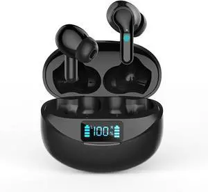 Bluetooth Headphones in-Ear Wireless Earbuds Stereo Low Latency in-Ear Sports Headphones, Intelligent Noise Cancellation, Digital Display Charging Compartment for Gaming Travel, Black