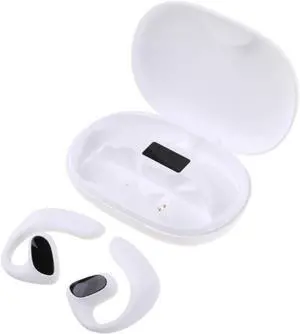 Open-Ear-Headphones with Microphone Wireless Earbuds Bluetooth Light Emitting Diode Display HiFi Stereo Sound Waterproof Sport Earbuds Noise Cancellation for Smart Phone Laptop Computer Sports White
