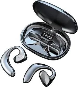 Open-Ear-Headphones with Microphone Wireless Earbuds Bluetooth Light Emitting Diode Display HiFi Stereo Sound Waterproof Sport Earbuds Noise Cancellation for Smart Phone Laptop Computer Sports Black