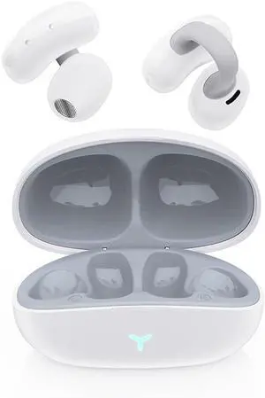 Open Ear Clip on Wireless Earbuds Bluetooth V5.3 Earphones Bulid-in Microphone Cordless Earbuds Noise Cancelling Waterproof Fitness Headphones for Sports, Gaming, TV Listening (Clip on-White)
