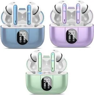 3 Sets Wireless Earbuds, Bluetooth Headphones HiFi Stereo, 40H Playtime in-Ear Earbud, 2024 Bluetooth 5.3 Earbuds with LED Power Display, IP7 Waterproof Wireless Earphones Sport Purple+Blue+Green