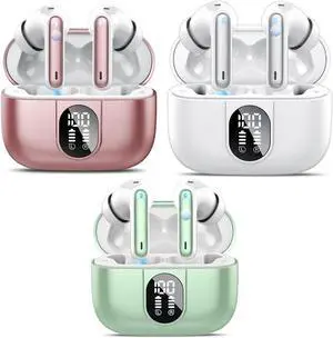 3 Sets Wireless Earbuds, Bluetooth Headphones HiFi Stereo, 40H Playtime in-Ear Earbud, 2024 Bluetooth 5.3 Earbuds with LED Power Display, IP7 Waterproof Wireless Earphones Sport White+Green+Rose