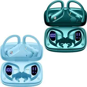 2 Sets Wireless Earbuds Bluetooth Headphones 48hrs Play Back Sport Earphones with LED Display Over-Ear Buds with Earhooks Built-in Mic Headset for Workout Sky Blue+Green