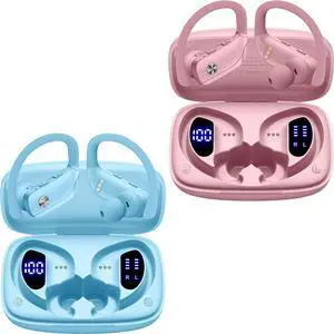 2 Sets Wireless Earbuds Bluetooth Headphones 48hrs Play Back Sport Earphones with LED Display Over-Ear Buds with Earhooks Built-in Mic Headset for Workout Sky Blue+Pink